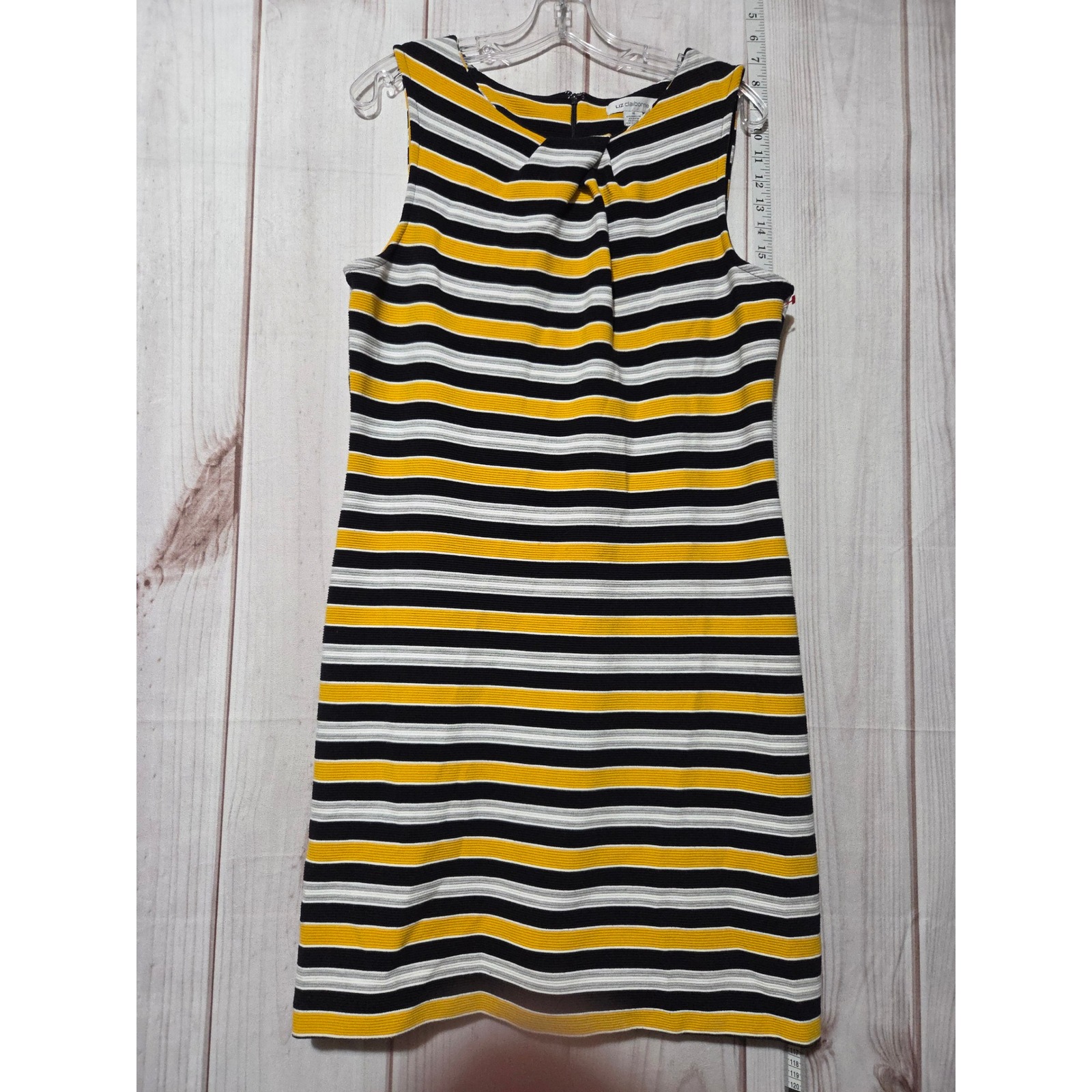 Ladies 14 Liz Claiborne Sleeveless Striped Sheath Dress Yellow Black Career